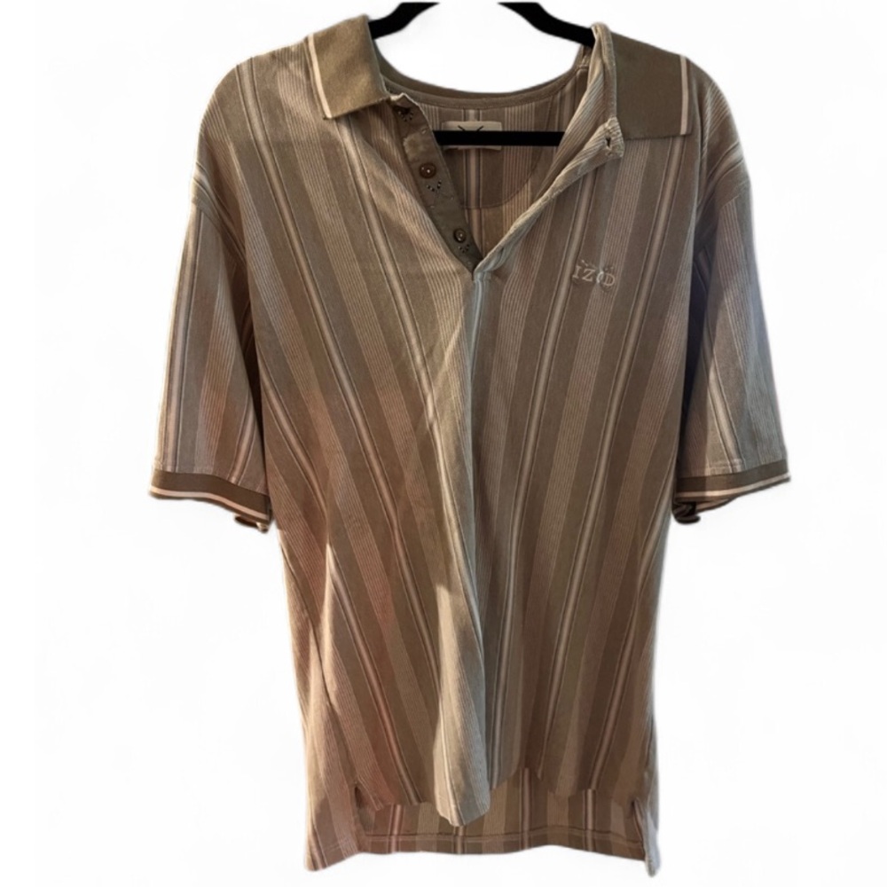 Izod Men's Beige and White Striped Golf Polo Shirt
